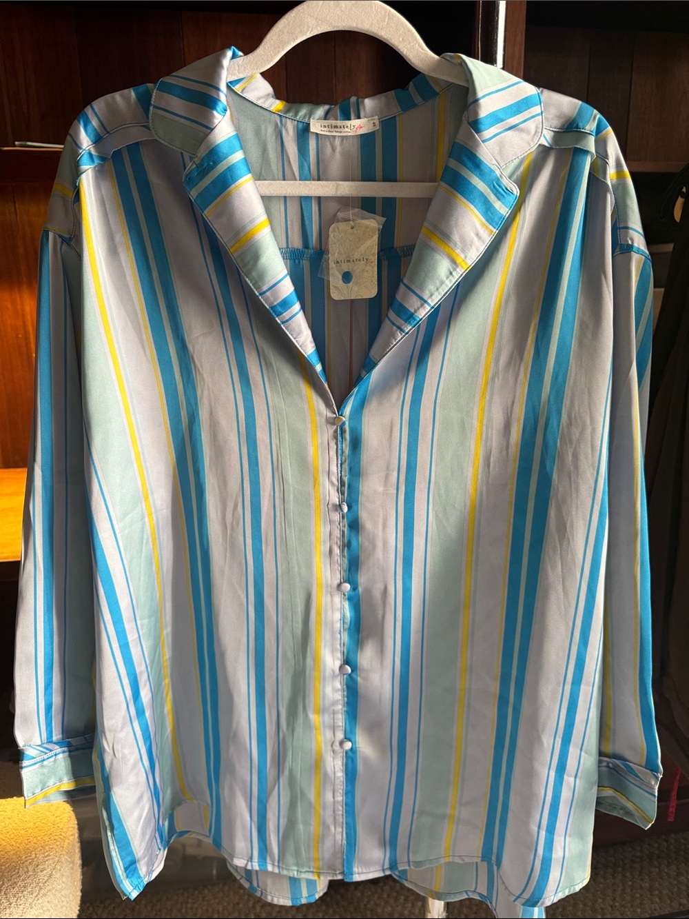 Free People Striped Button-Front Blouse in Blue, Yellow & White